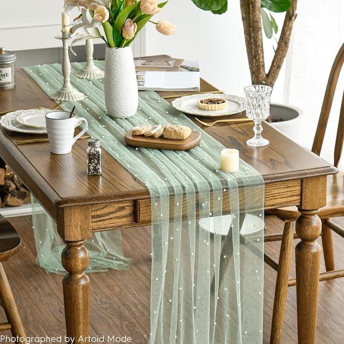 Artoid Mode Pearl Green Gauze Table Runner 120 Inch 10FT, Seasonal Sheer Dining - Image 3