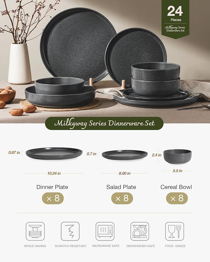 Famiware Milkyway 24-Piece Stoneware Dinnerware Set, Matte Dark Charcoal | - Image 2