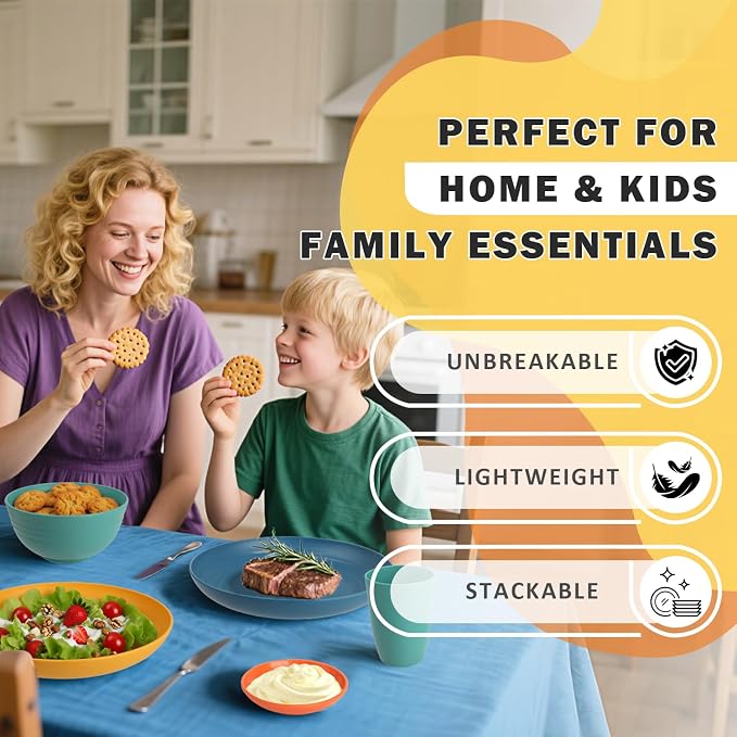 Wheat Straw Dinnerware Sets, Unbreakable Plates and Bowls Sets of 16, Kids - Image 8