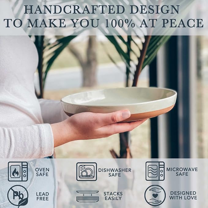 MORA Ceramic Flat Pasta Bowl Set of 4-35oz, Microwave Safe Plate - Image 3
