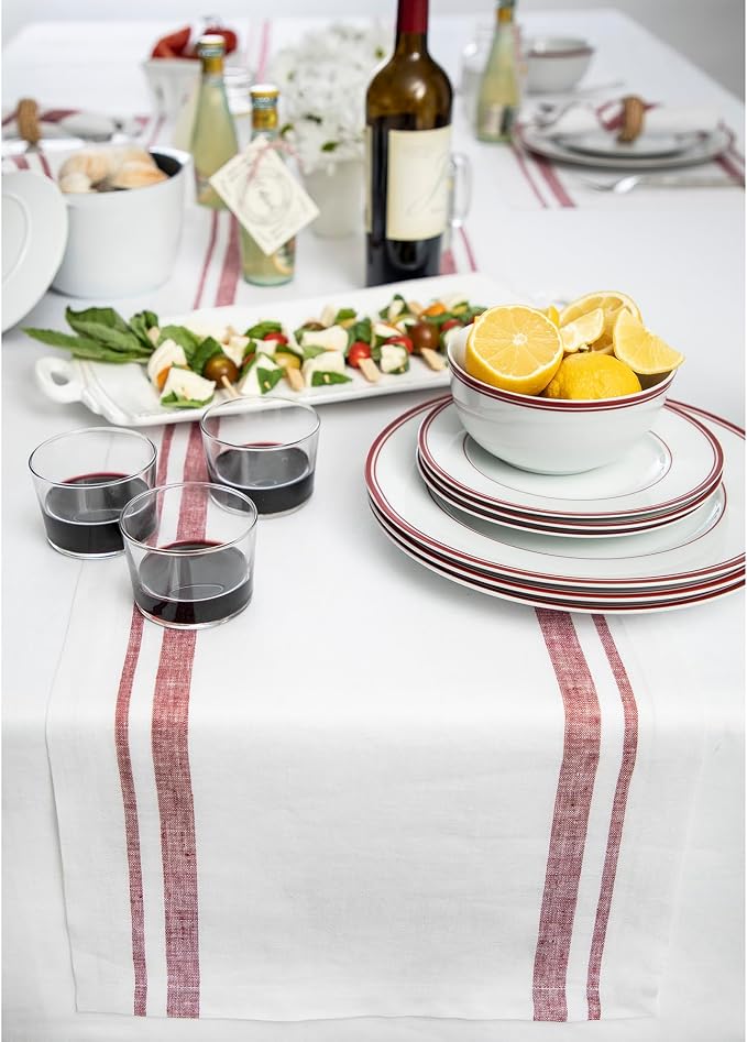Solino Home 100% Linen Table Runner, 14 x 120 in, Burgundy and White Stripe | - Image 2