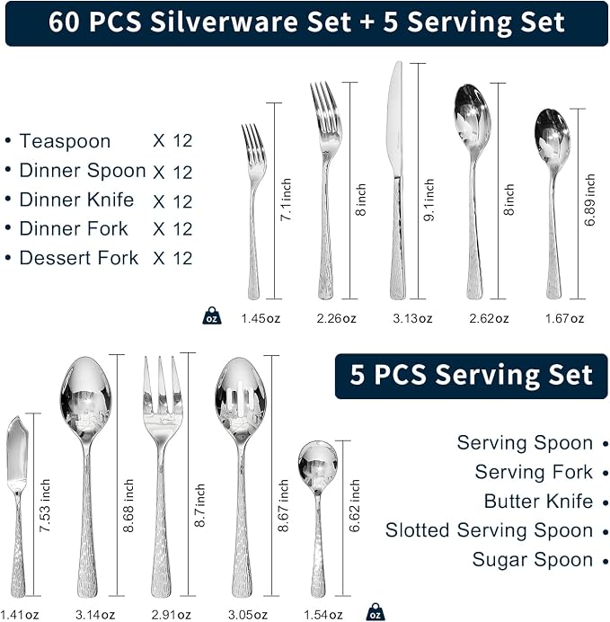 Silverware Set with Serving Utensils, 65 Piece Flatware Set, 18/10 Steel | - Image 2