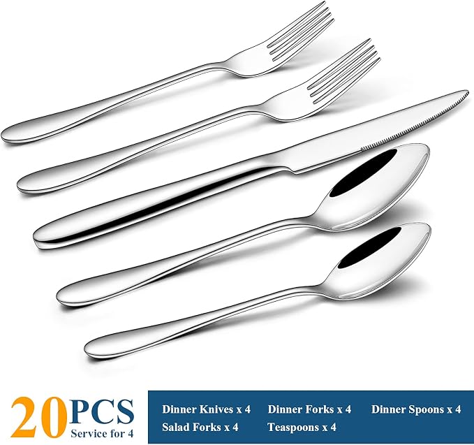 20-Piece Silverware Set, Wildone Stainless Steel Flatware Set Service - Image 2