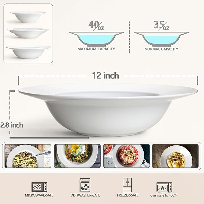 Pasta & Salad Bowls - 40oz White Ceramic Soup Plates - Set of 4 - Image 2