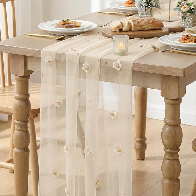 Artoid Mode Flower Pearl Champagne Gauze Table Runner 10FT 3PC, Seasonal Sheer - Image 6