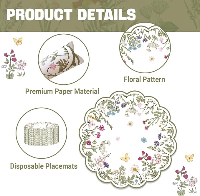 50 PCS Paper Placemats Disposable, Vintage Wildflower Place Mats | 13.5Inch - Image 3