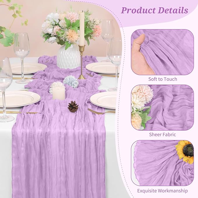 Pesonlook Cheesecloth Table Runner Light Purple, 20 Pack 17.7x108 inch - Image 3