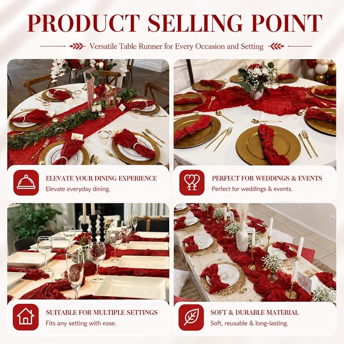 12 Pack Red Cheesecloth Table Runner 17x108 Inch Boho Rustic Semi Sheer Gauze - Image 7