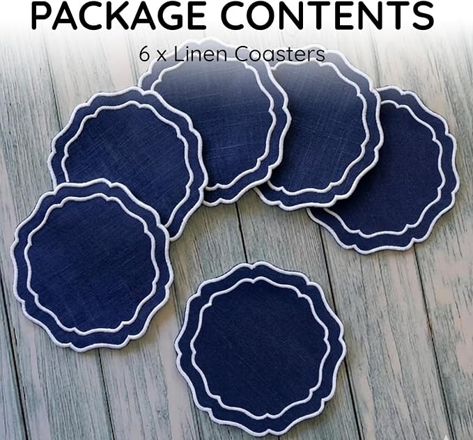 Linen Coasters for Drinks, 4.5 inch, Scalloped Edge, Reusable Handmade Coffee - Image 2