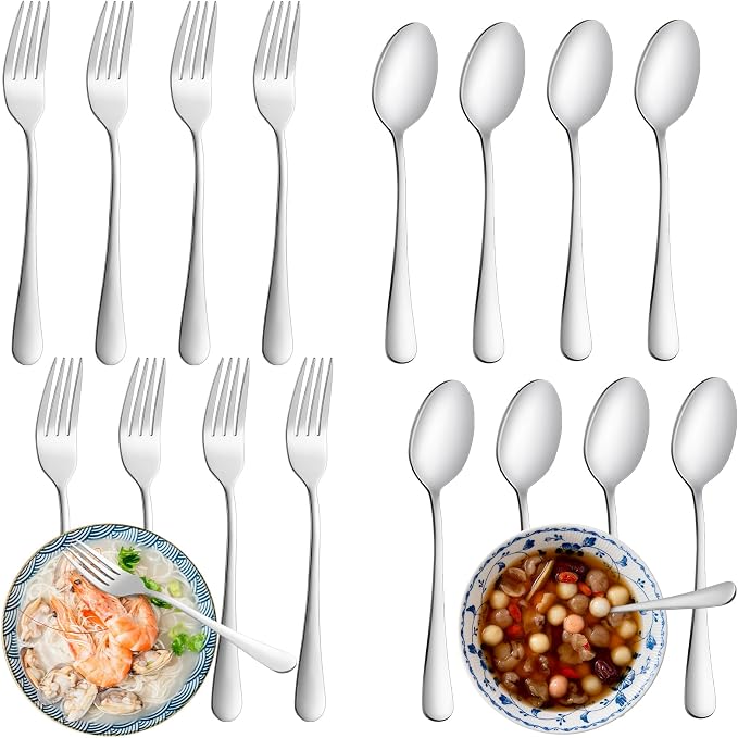 8 Pcs Forks and Spoons Silverware Set, Food Grade Stainless Steel Flatware by WISKEMA