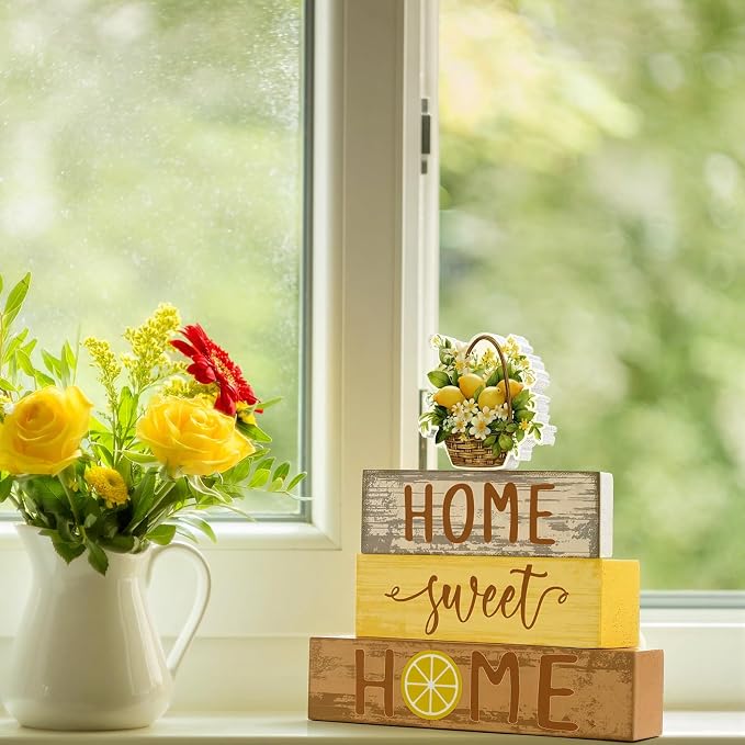 Cinnvoice 4 Pcs Summer Lemon Wooden Tabletop Decor Yellow Lemon Rustic Tiered - Image 6