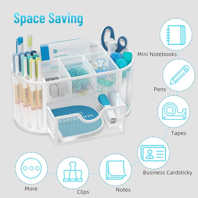Mesh Desk Organizer with Drawer, 9-Compartment Pen Holder - Image 5