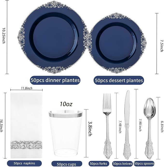 350 Pcs Blue Silver Plates for Graduation | Blue Party Plates Set for 50 Guests - Image 2