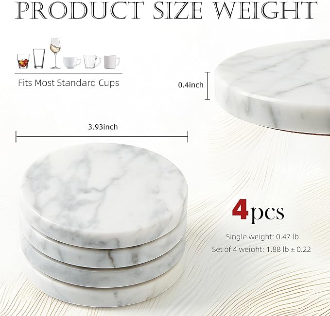 Natural Marble Coaster Set of 4.Round Drinks Coasters, Non-Ceramic/Non-Resin | - Image 2