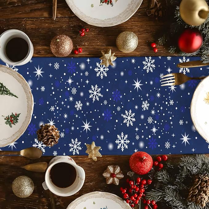 Navy Blue Christmas Tree Table Runner 48 Inches Long, Xmas Balls Snowflake - Image 4