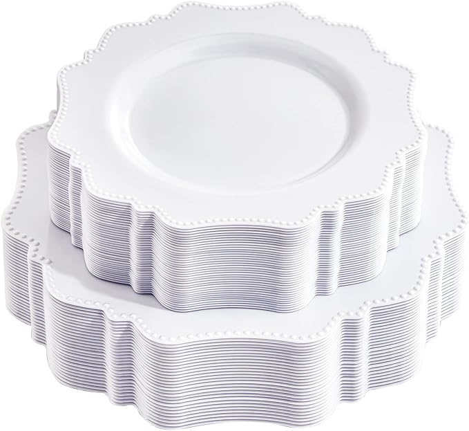 COLOSUS 60PCS White Plastic Plates-Fancy Plastic Beaded Plates, Plastic Premium by COLOSUS