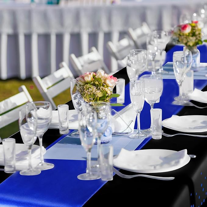 8 Pack Black and Blue Disposable Plastic Tablecloths and Satin Table Runner Set - Image 6
