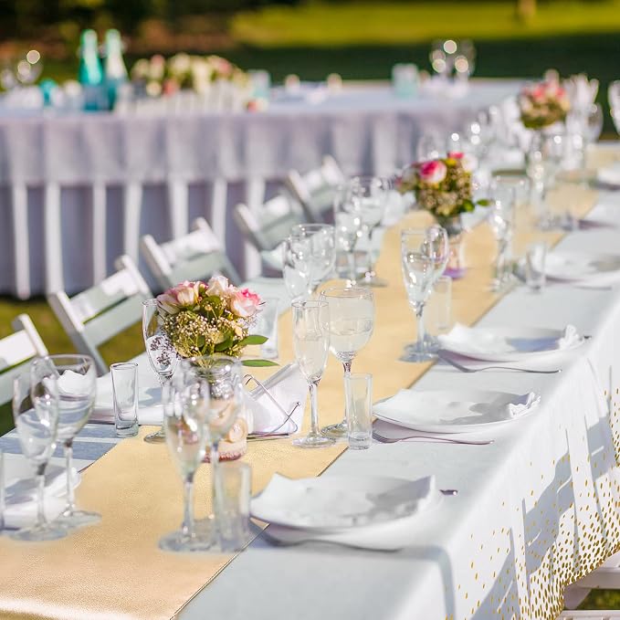 8 Pack White and Gold Disposable Plastic Tablecloths and Satin Table Runner Set - Image 6