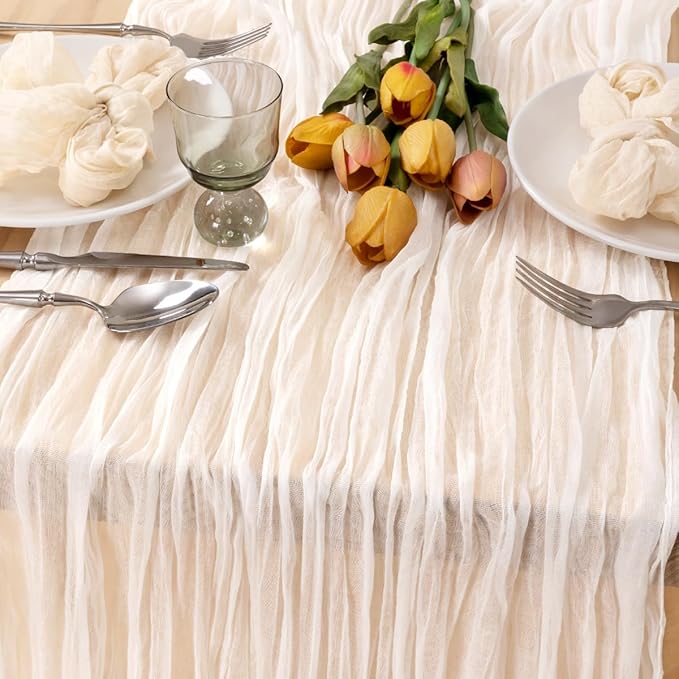 Ivory Gauze Cheesecloth Table Runner Rustic Farmhouse Runner 10ft | Lightweight by MLMC