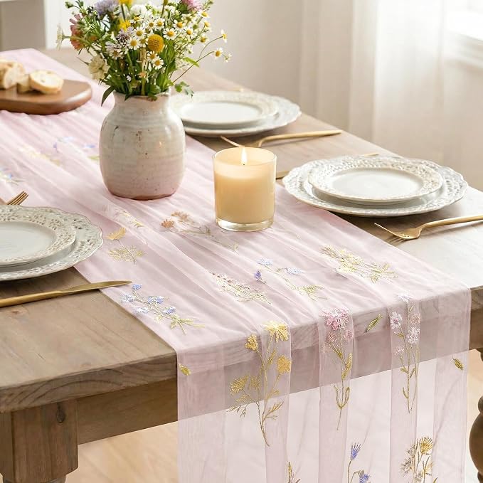 Artoid Mode 3PC Wildflower Floral Light Pink Gauze Embroidery Table Runner 120 - Image 4