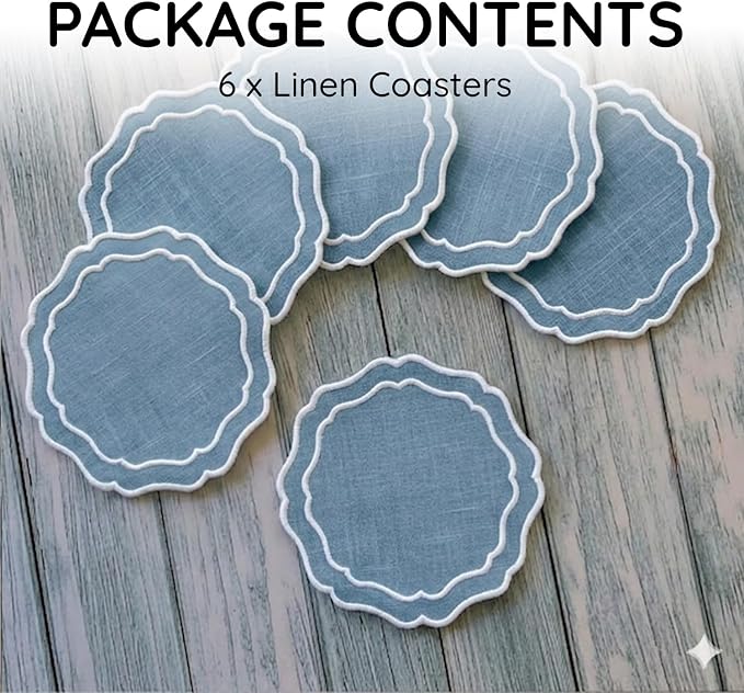 Drink Coasters Set of 6, 6x6 inch, Absorbent Linen Drink Mats - Image 2