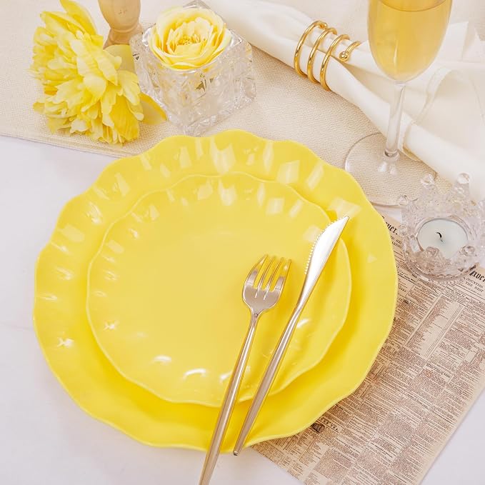 LIYH 24Pcs Yellow Plastic Plates Reusable, Dinner And Salad Set - Image 4