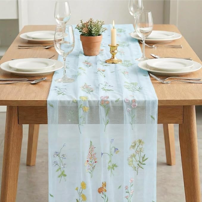 Artoid Mode Wildflower Floral Sky Blue Gauze Embroidery Table Runner 120 Inch - Image 3