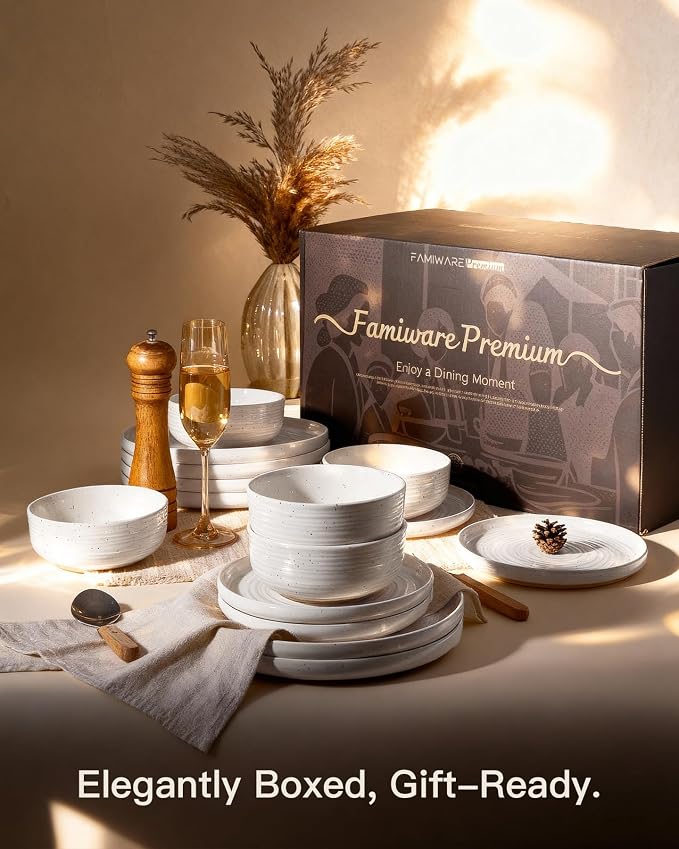 Stoneware Dinnerware Sets for 6, Coupe Plates & Bowls, Chip & Scratch Resistant - Image 8
