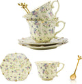 TATSUMI Country Roses Bone China Tea Cup and Saucer Set, 6 Pieces, Vintage Style by TATSUMI
