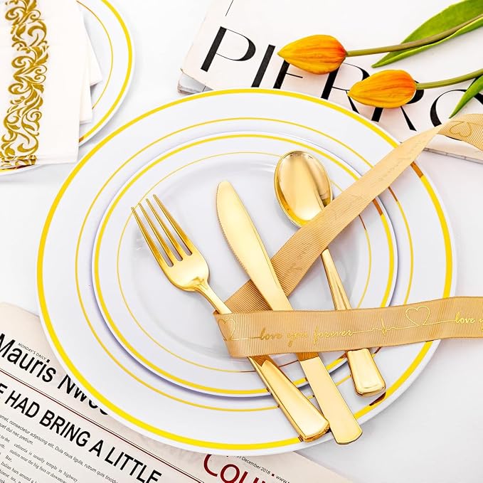 60 Pcs Gold Plastic Plates, Premium Disposable Gold Plates | Gold Rimmed - Image 3