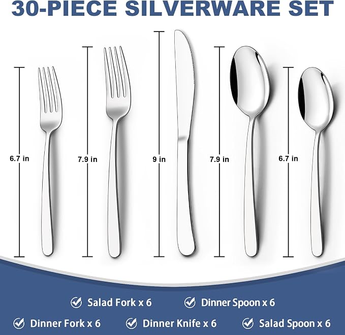 30-Piece Silverware Set for 6, Wildone Premium Stainless Steel Flatware Set - Image 2