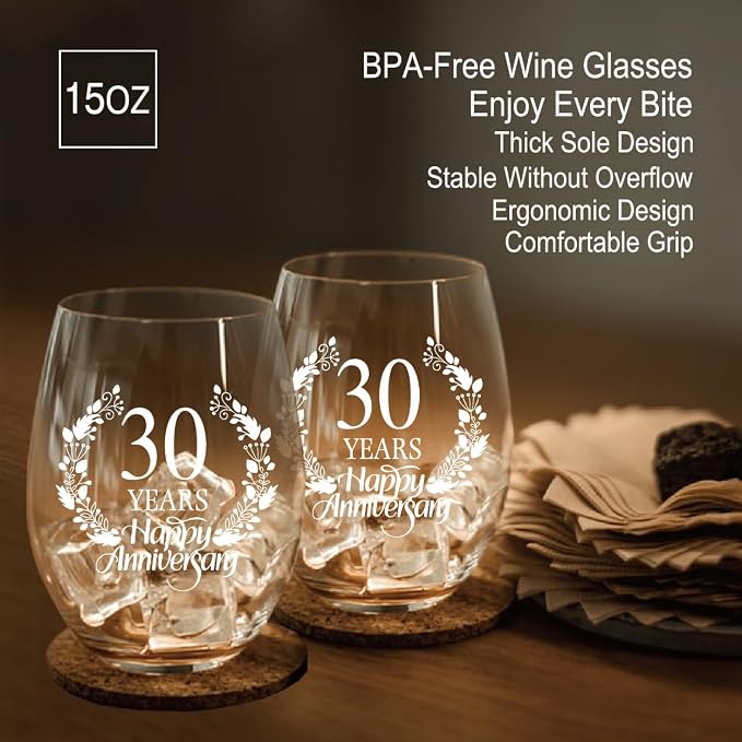 Perfectinsoy 30 Years Happy Anniversary Wine Glass Set of 2, 30th Anniversary - Image 4