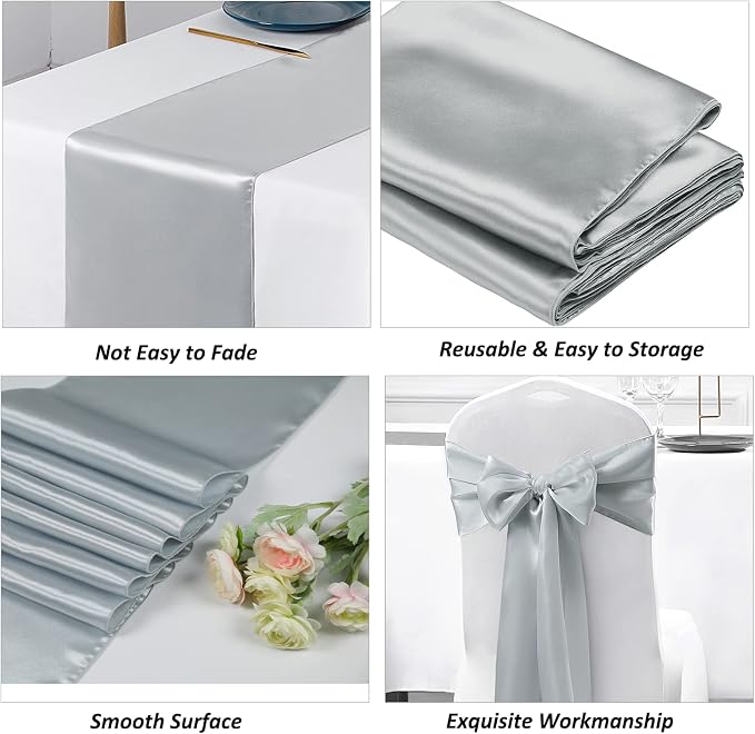 SiinvdaBZX 12 Pcs Silver Satin Table Runner 12 x 108 inches Long | Bright - Image 5