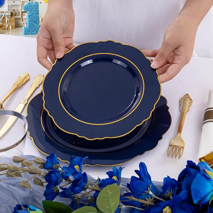 350PCS Navy Blue Plastic Patriotic Plates-Disposable Blue Gold Plates 50guest - Image 8