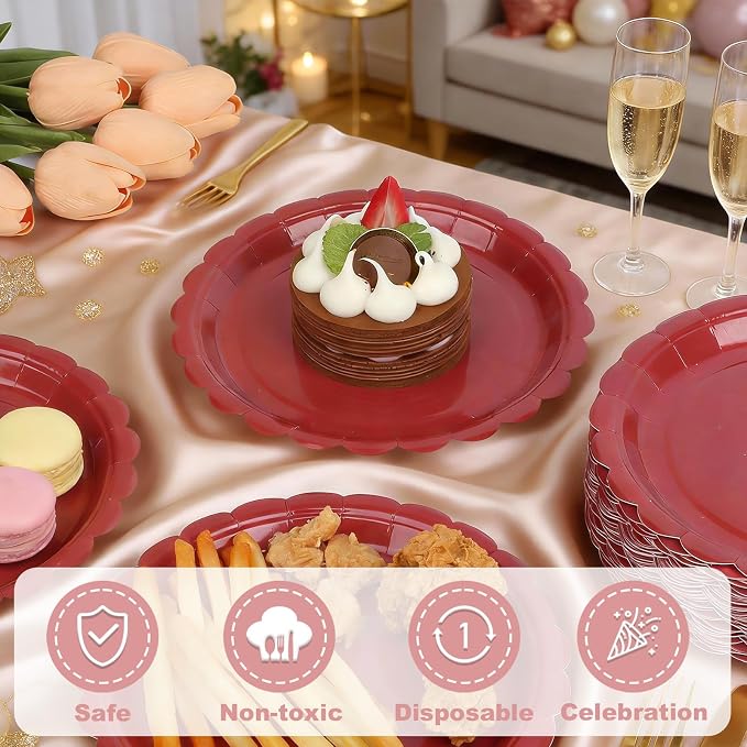 52 Pcs Red Paper Plates 7 Inch Scalloped Dessert Plates - Image 5