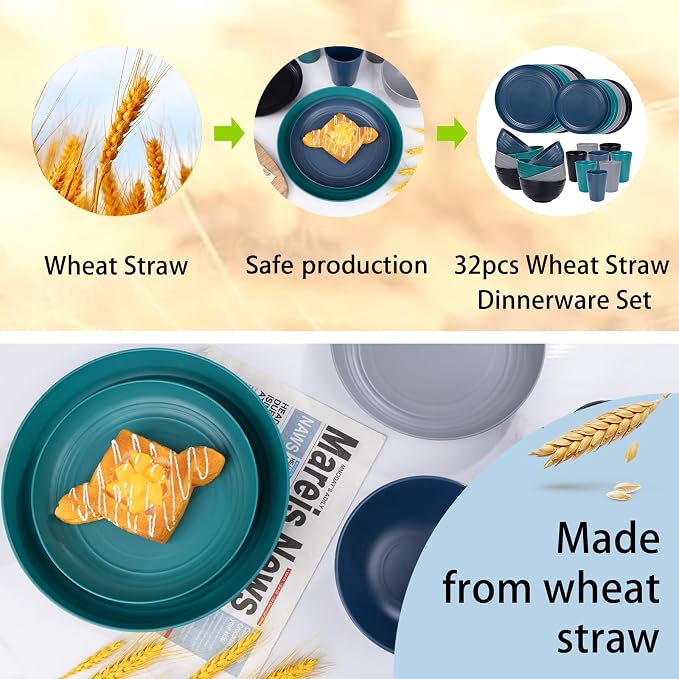32 Pcs Assorted Colors Wheat Straw Dinnerware Set - Image 4