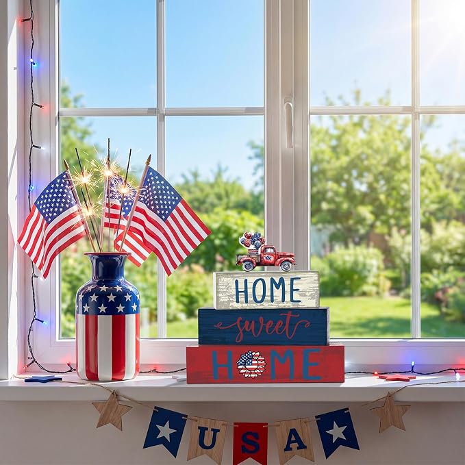 Cinnvoice 4 Pcs Patriotic 4th of July Wooden Block Decor 250th Anniversary Red - Image 5