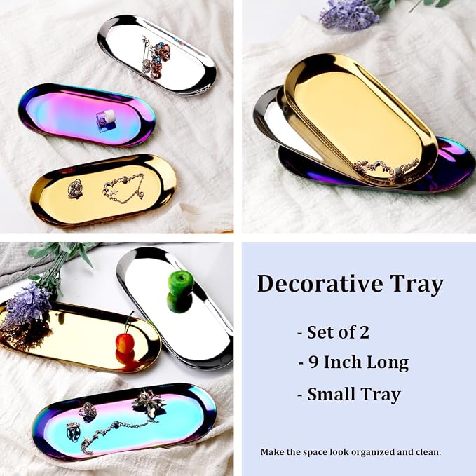Stainless Steel Decorative Tray, 9 Inch Long, Jewelry Dish Cosmetics Organizer - Image 5