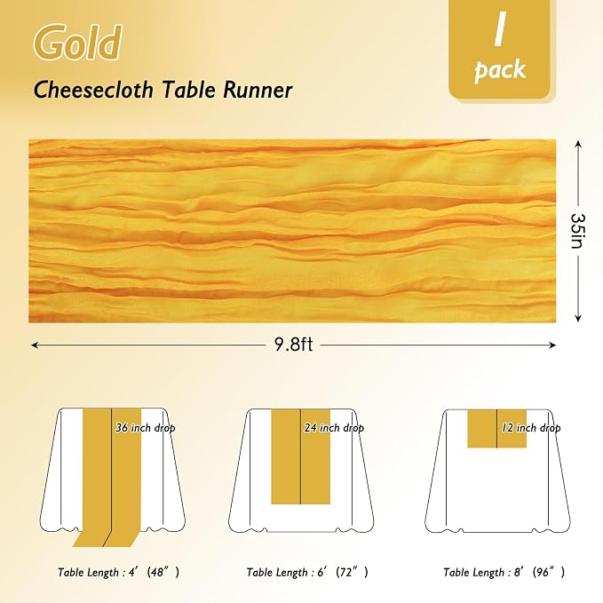 3 Pack Gold Cheesecloth Table Runner 120 Inch Boho Wedding Decor | Cheesecloth - Image 2