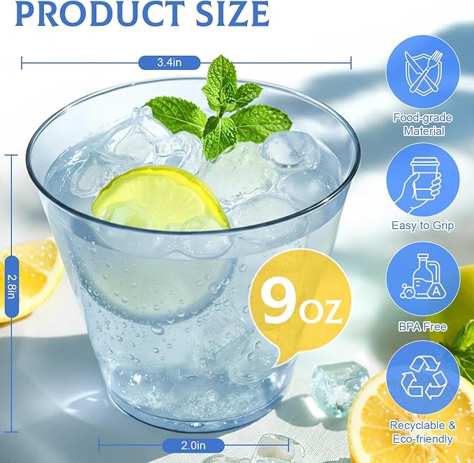 Glowserve 9 OZ Blue Disposable Plastic Cups Cocktail Cup 50 Pack | Fancy - Image 3