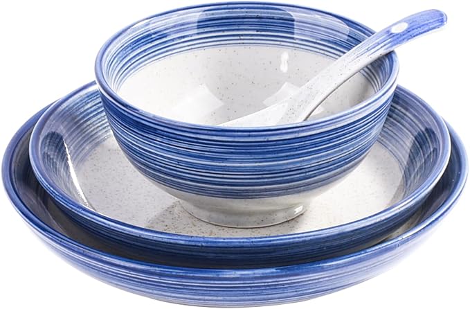 4-Piece Blue Ceramic Dinnerware Set, Japanese Hand-painted Porcelain Tableware by Whitenesser