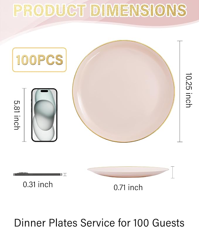 Nervure 100PCS Pink and Gold Plastic Plates, 10.25″ Disposable Dinner Plate | - Image 3