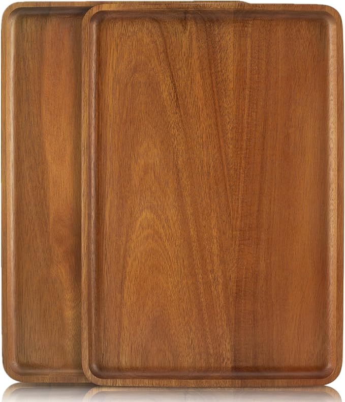 2 PCS Solid Acacia Wood Serving Trays 16 * 12 inch Rectangular Wooden Serving by focusonwoodandbamboo