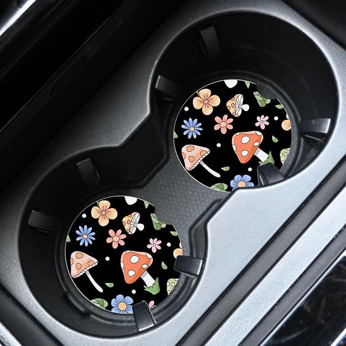 2pcs Cute Pink Mushrooms Car Coasters, Absorbent Universal neoprener Cup Holder - Image 3