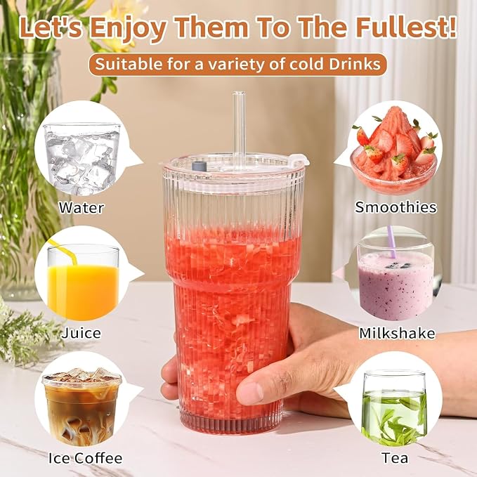 20oz Ribbed Glass Cups with Lids and Straws, Glass Tumblers with Lids and Straws - Image 3