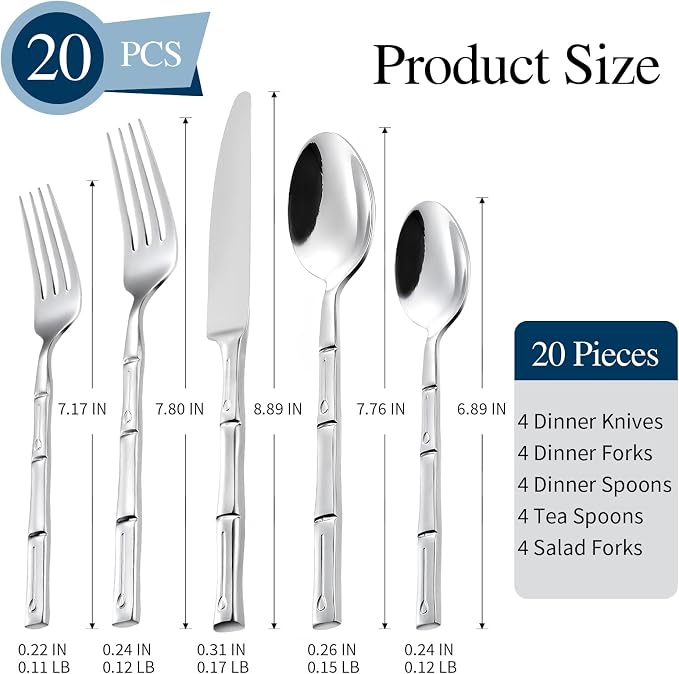Silverware Set 20-Piece Bamboo Pattern Service - Image 2