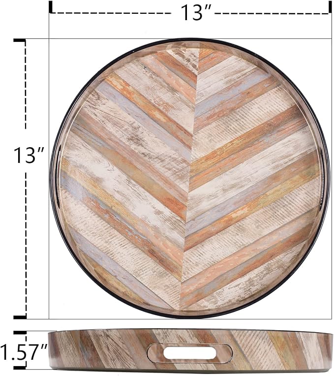 13" Round Decorative Tray, Faux Wood Serving Tray - Image 2