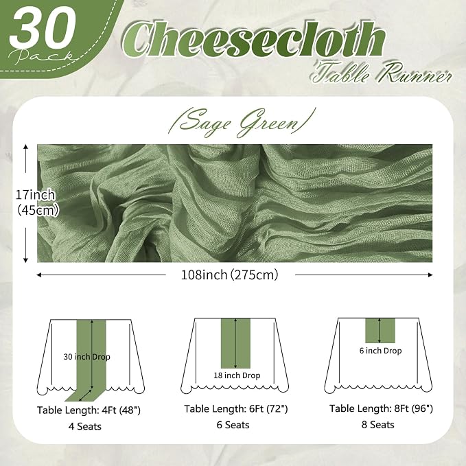 30 Pack Sage Green Cheesecloth Table Runner 17 x 108 inch Cheese Cloth Table - Image 2