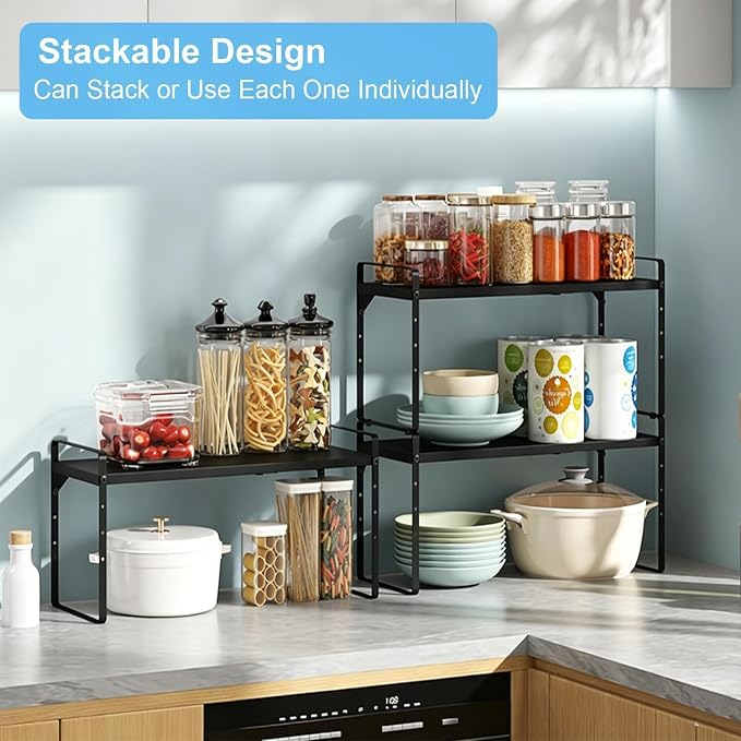 Set of 2 Expandable Cabinet Shelf Organizer, Stackable Kitchen Countertop - Image 5