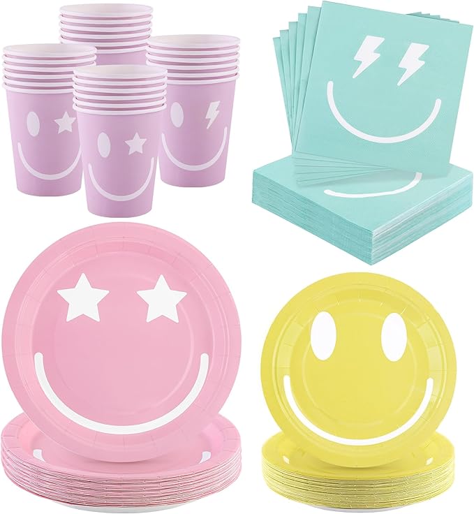 Kochorie 96 Piece Preppy Smiley Face Party Paper Plates Preppy Smile Face Party by Kochorie